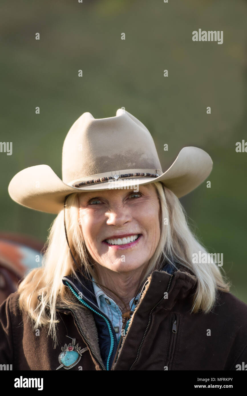 Female wrangler on the V6 Ranch in Parkfield, California Stock Photo