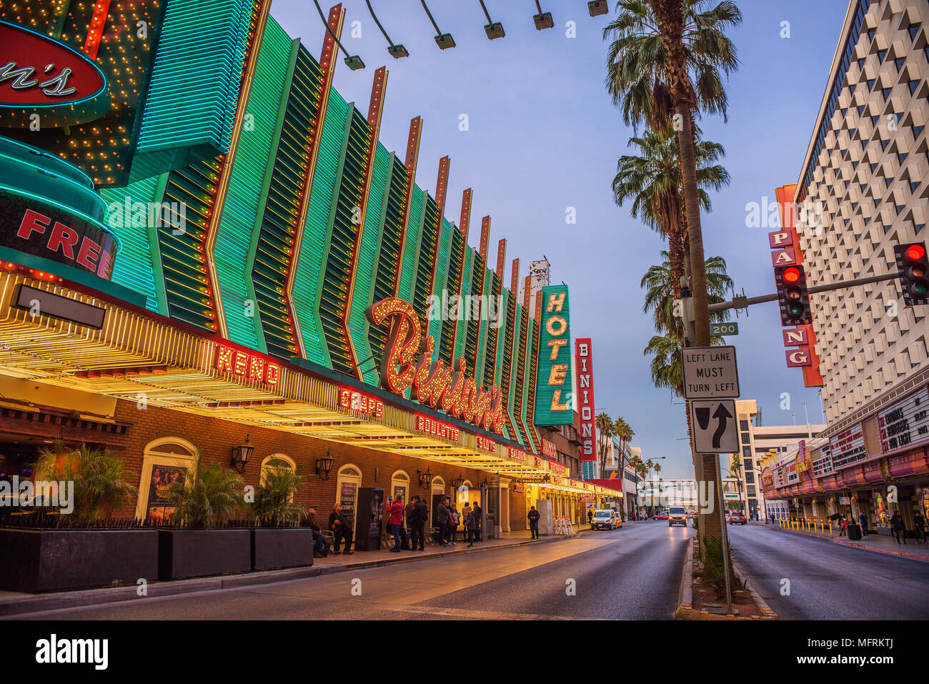 Fremont Street with many neon lights and tourists in Las Vegas Stock Photo