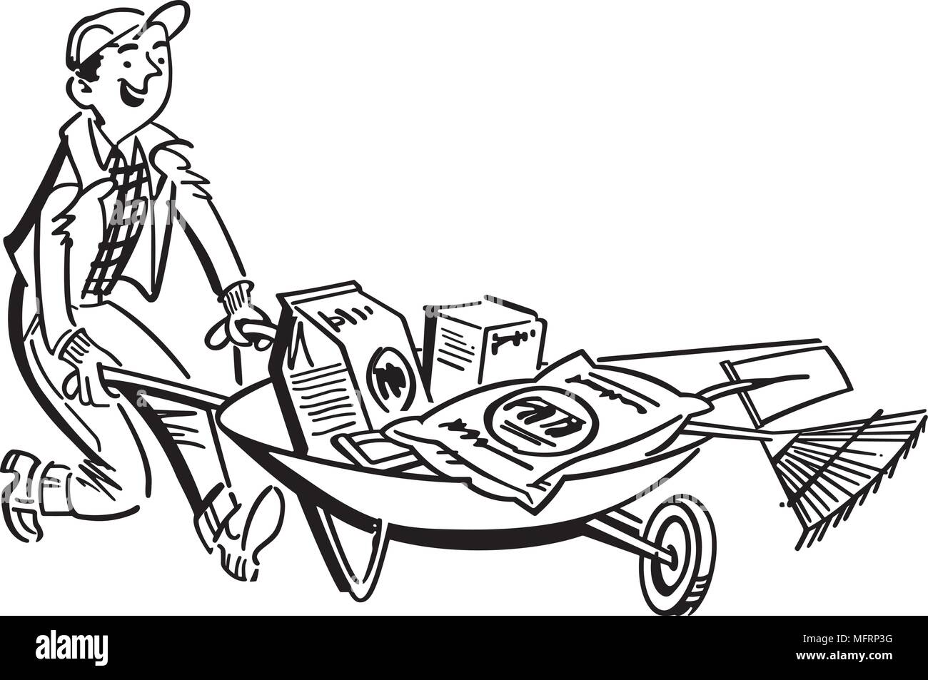 Man With Gardening Supplies Retro Clipart Illustration Stock Vector