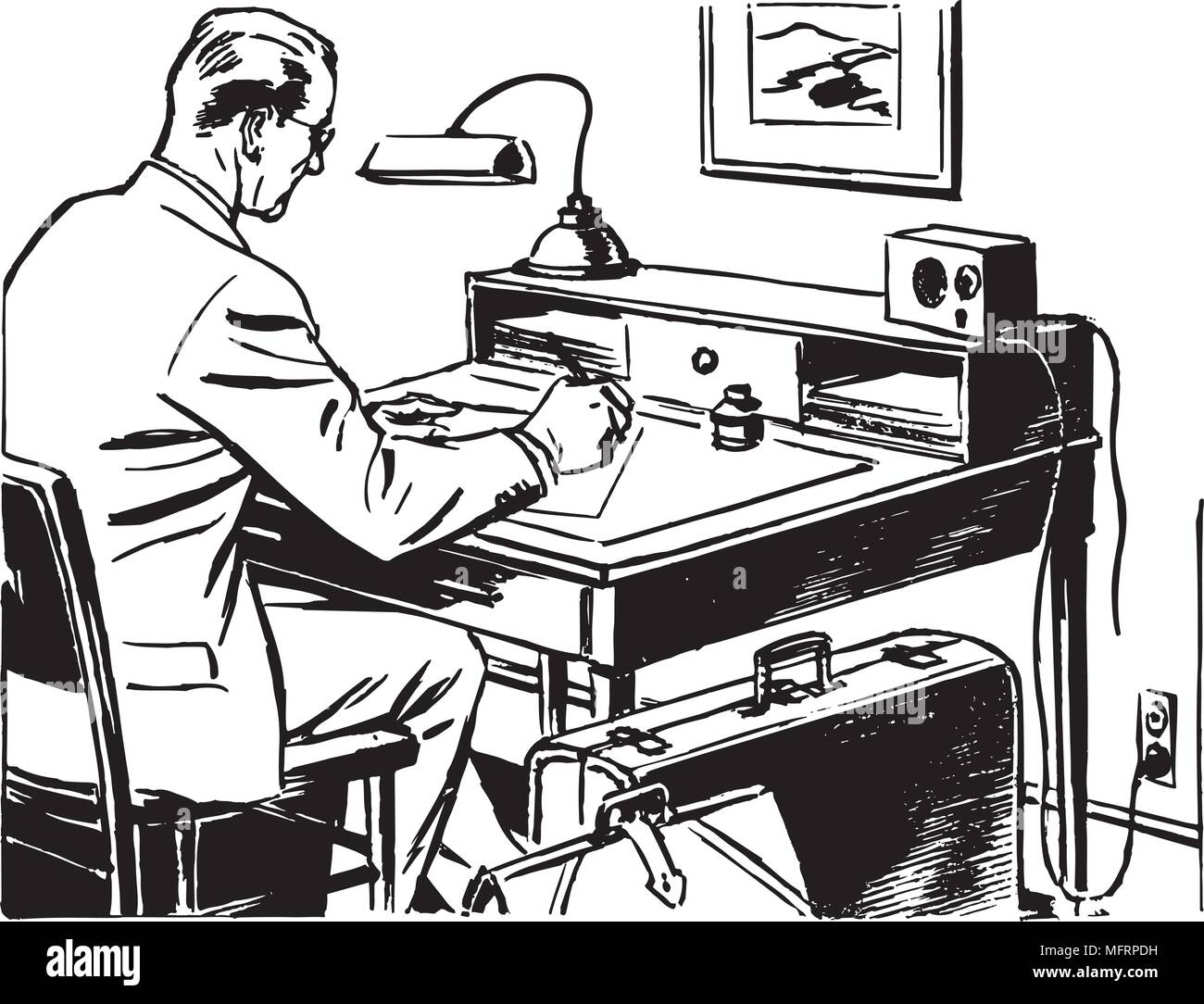Man Working At Desk - Retro Clipart Illustration Stock Vector