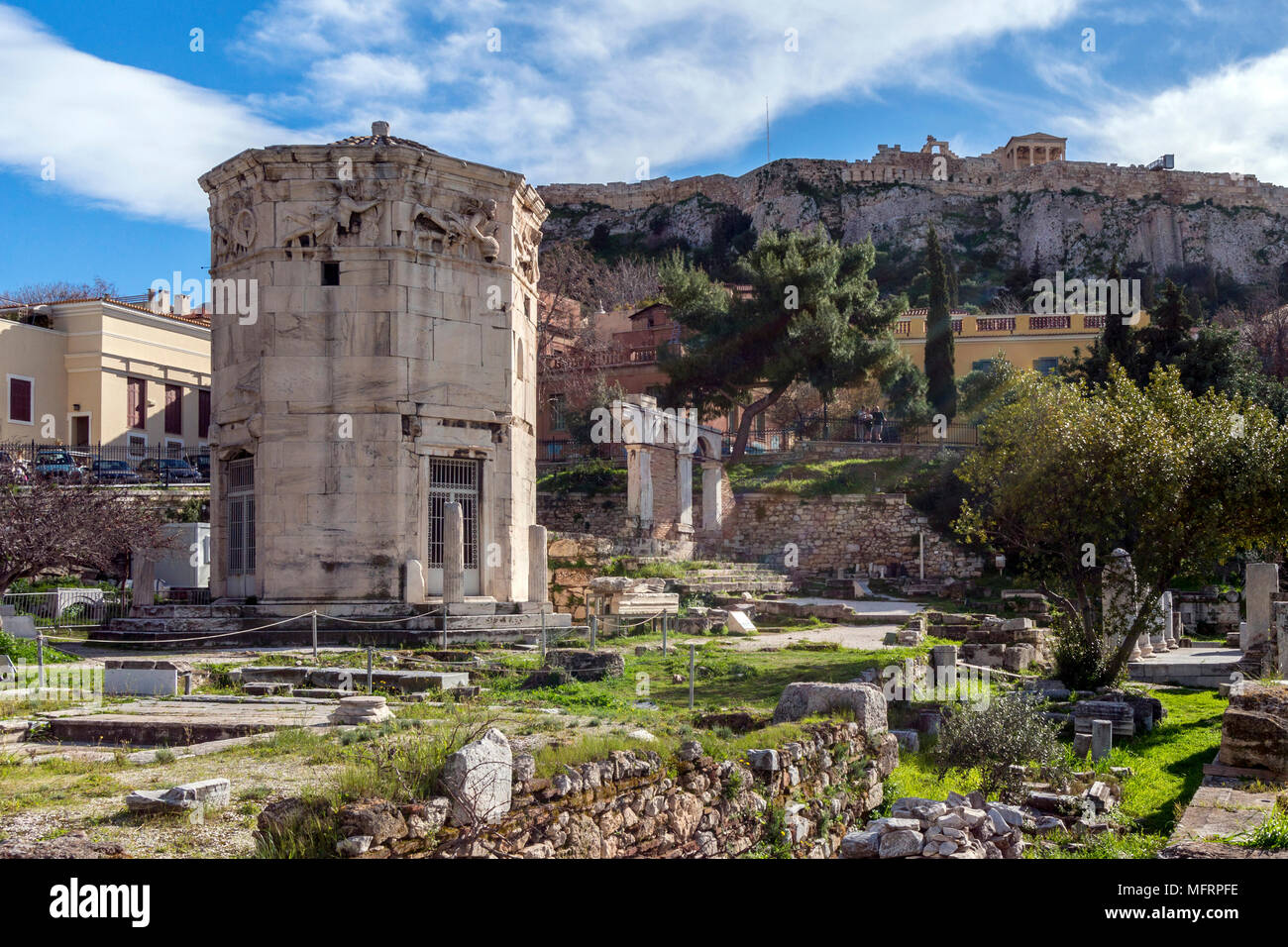 Plaka, Athens - Greece. The Tower of the Winds (Aerides) or the Horologion of Andronikos Kyrrhestes at the Roman Agora in Athens city. Stock Photo
