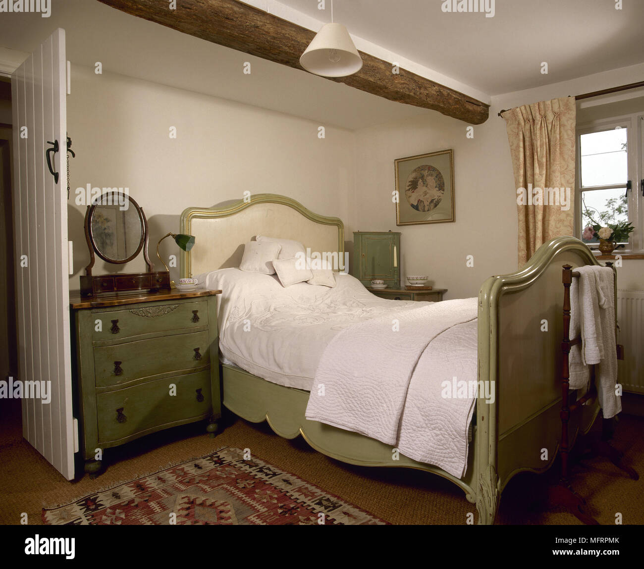 Country Bedroom With Wood Beamed Ceiling Painted French Bed And