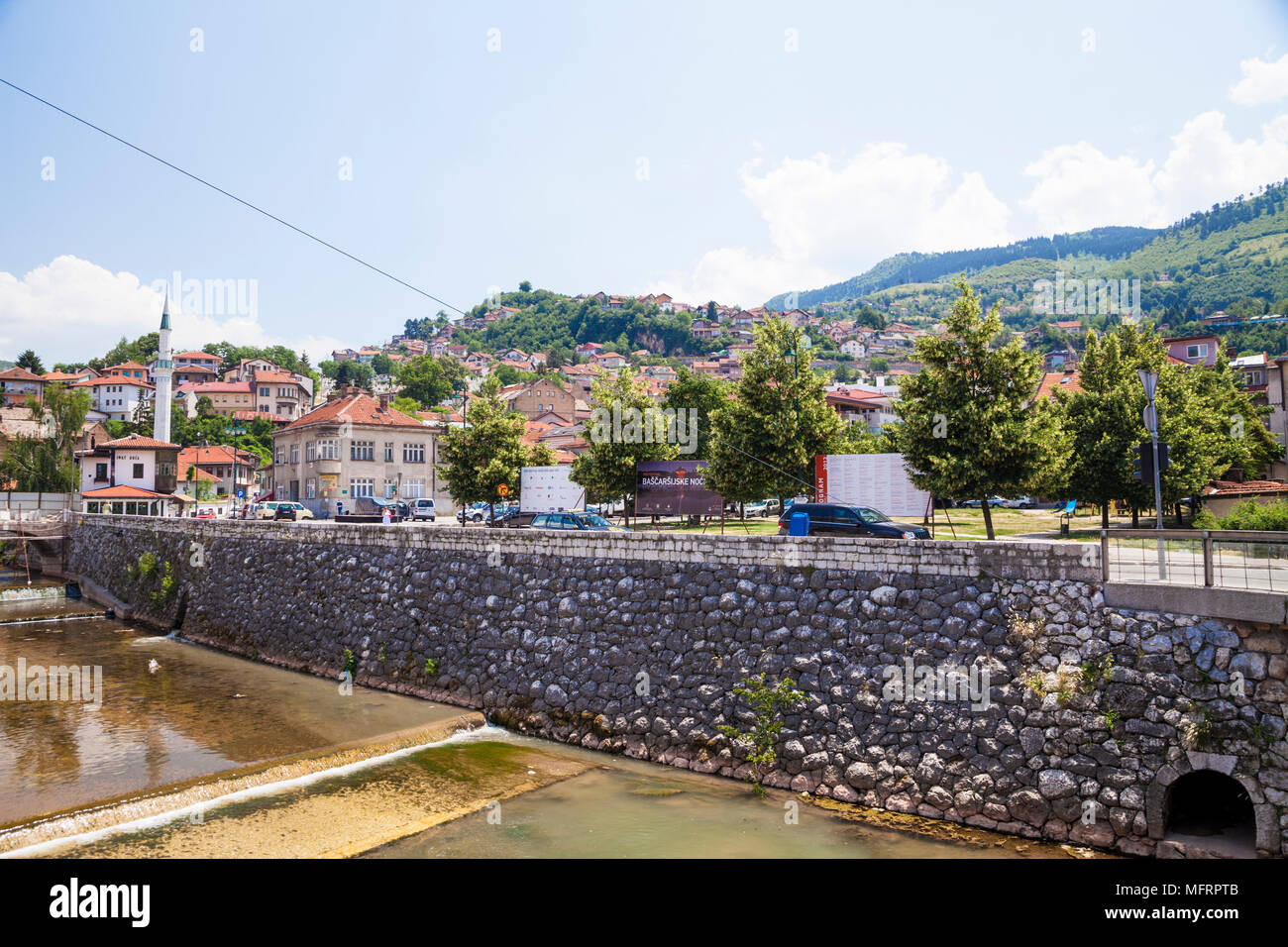 Looking across the River Miljacka in Sarajevo, Bosnia and Herzegovina Stock Photo