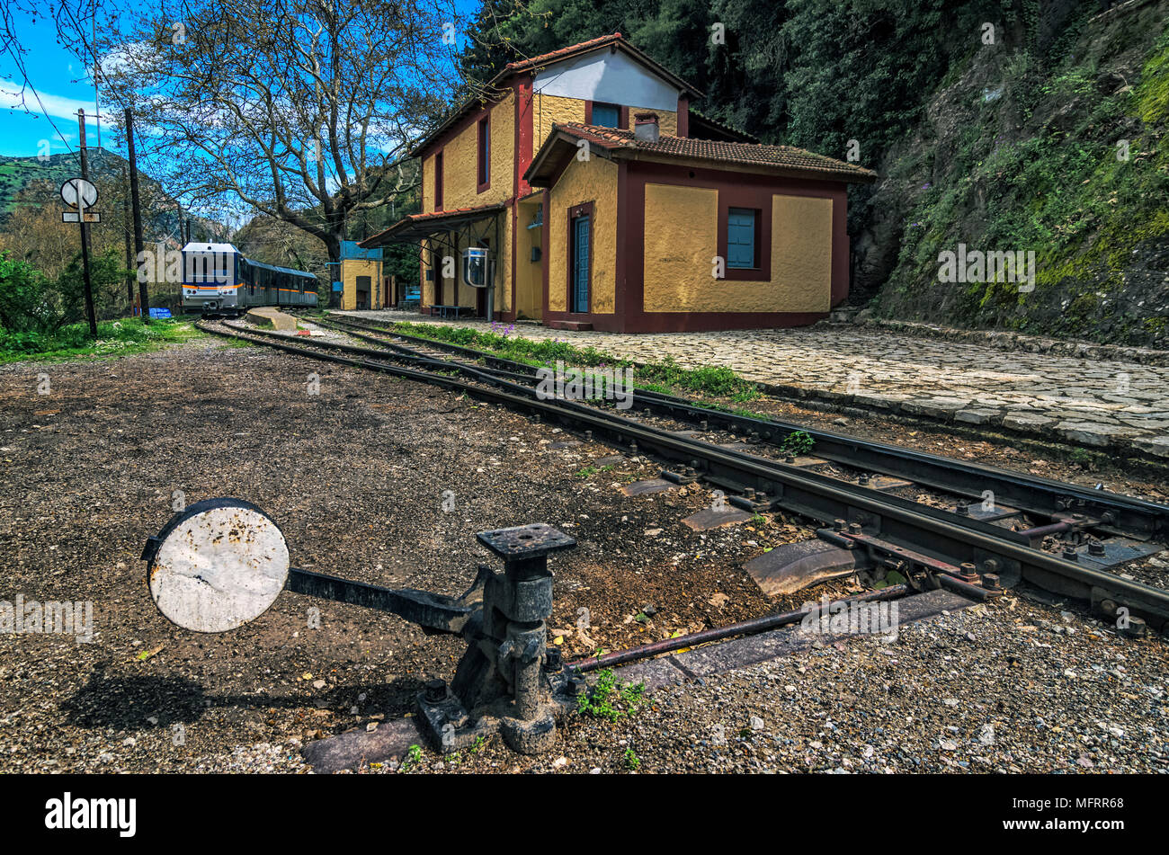 Diakopto - Kalavrita route Odontotos rack railway. Mega Spileon train station in Zachlorou village, Peloponnese - Greece Stock Photo