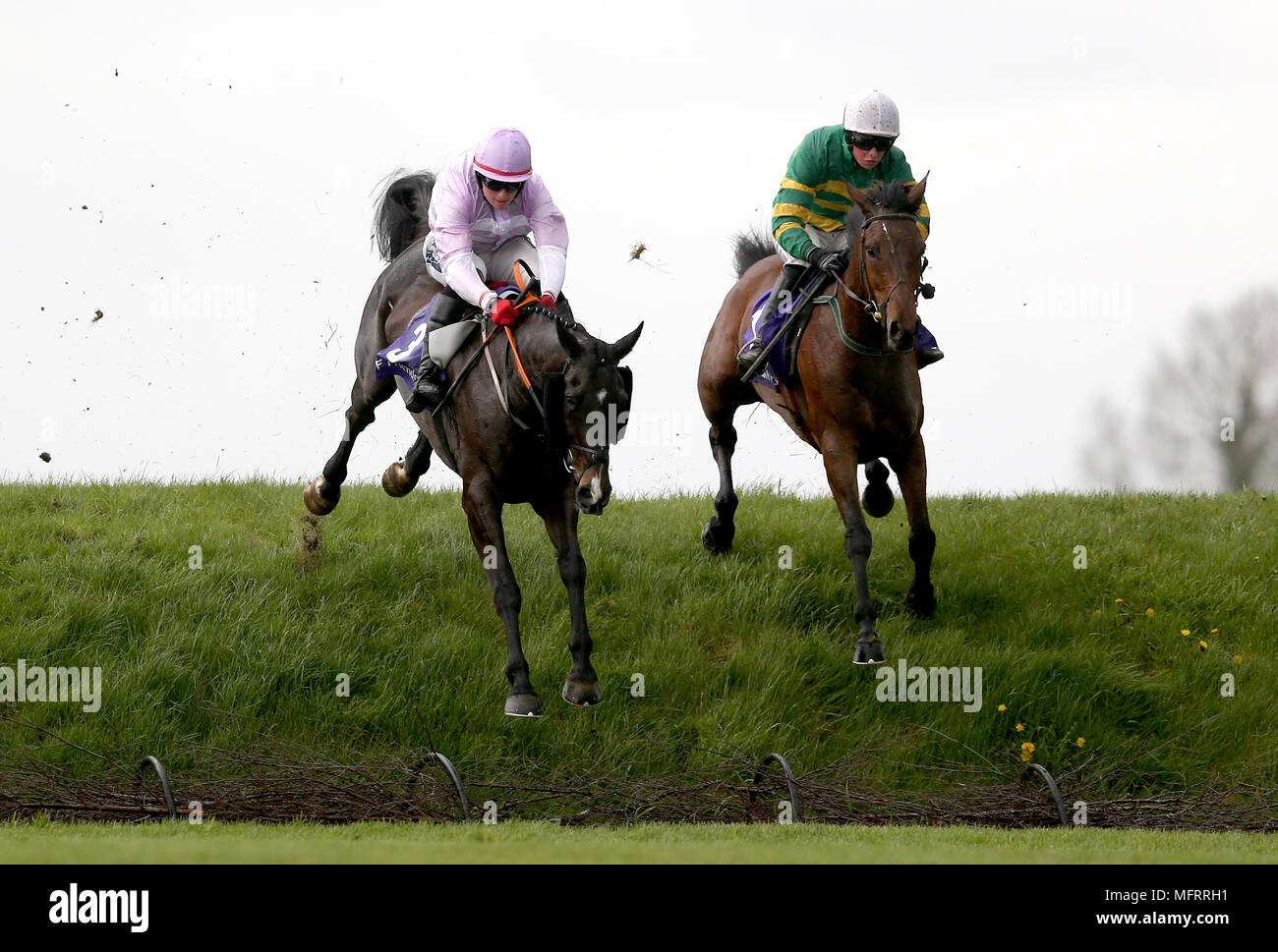 Auvergnat (right) ridden by Donal McInerney on the way to winning the Friends First Cross Country Chase For The La Touche Cup alongside Bless The Wings (left) ridden by jockey Keith Donoghue during day three of the Punchestown Festival 2018 at Punchestown Racecourse, County Kildare. Stock Photo