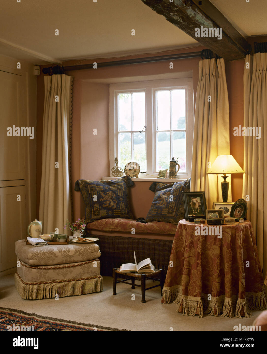 Country Style Sitting Room With Window Seat Draperies Fabric