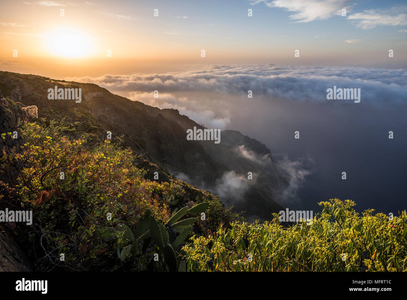 View from the viewpoint Mirador, sunrise with cloud cover, El Hierro, Canary Islands, Spain Stock Photo