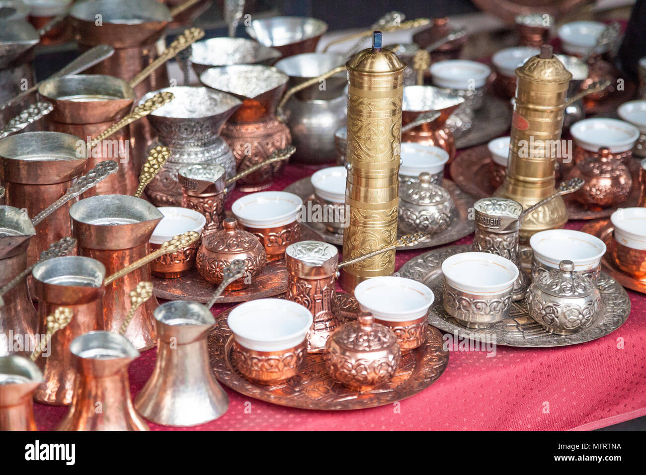 Coffee pots and cups on a souvenir stall in Sarajevo, Bosnia and Herzegovina Stock Photo