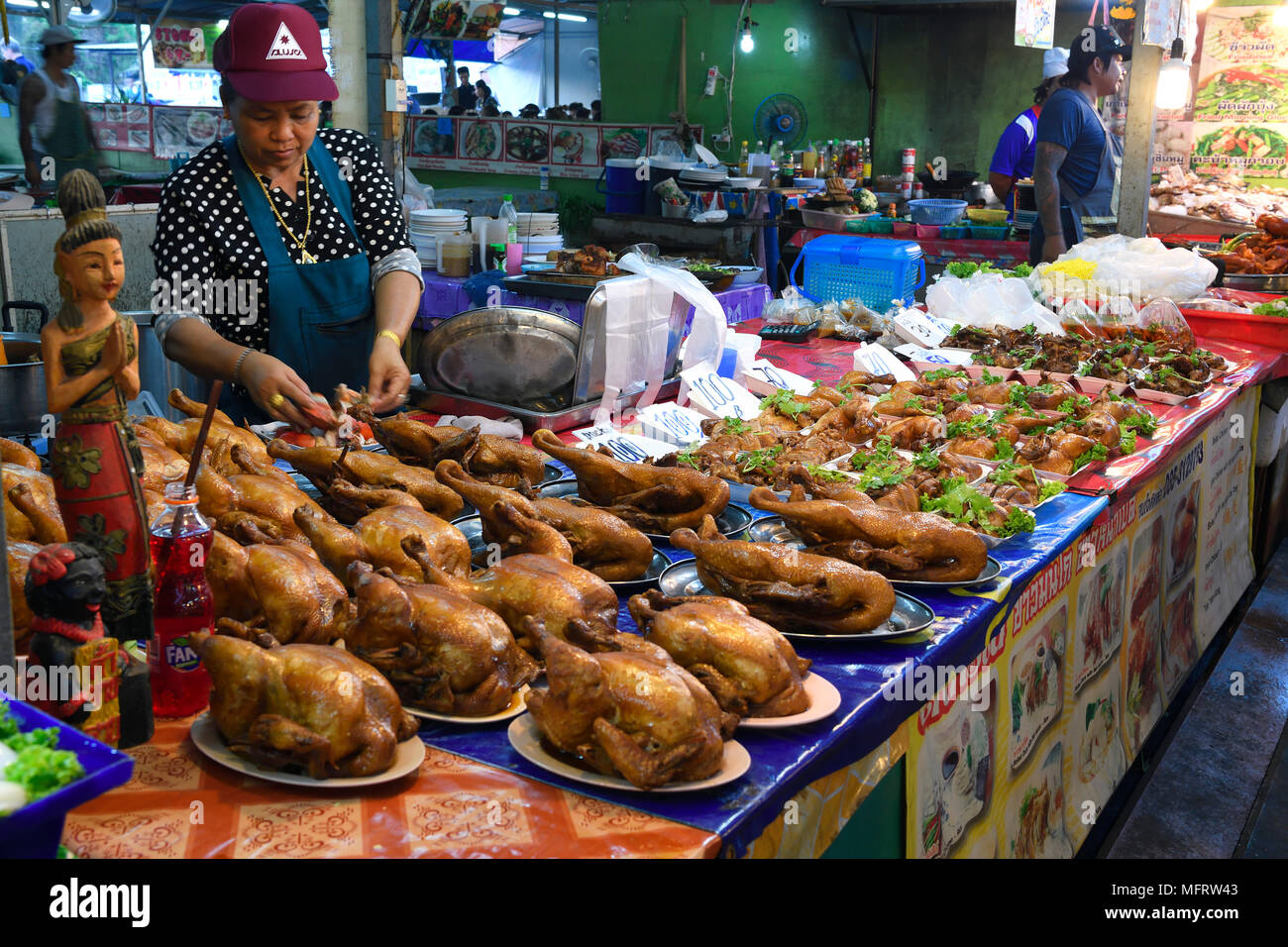 Market stall with typical local food, Naka Weekend Market, Phuket, Thailand Stock Photo