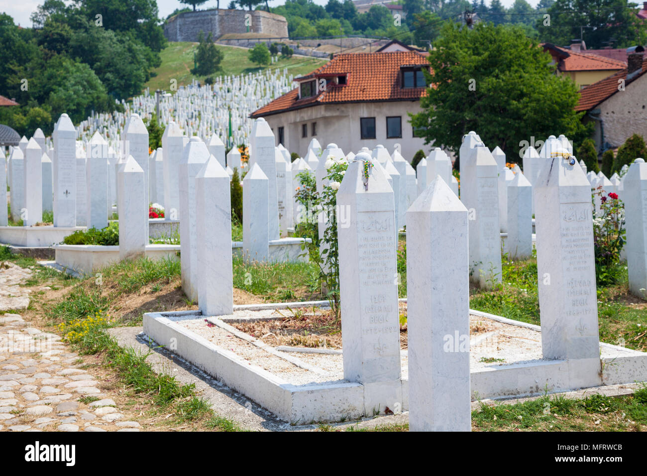 Grave stones at the Martyrs' Memorial Cemetery Kovači in Sarajevo, Bosnia and Herzegovina Stock Photo