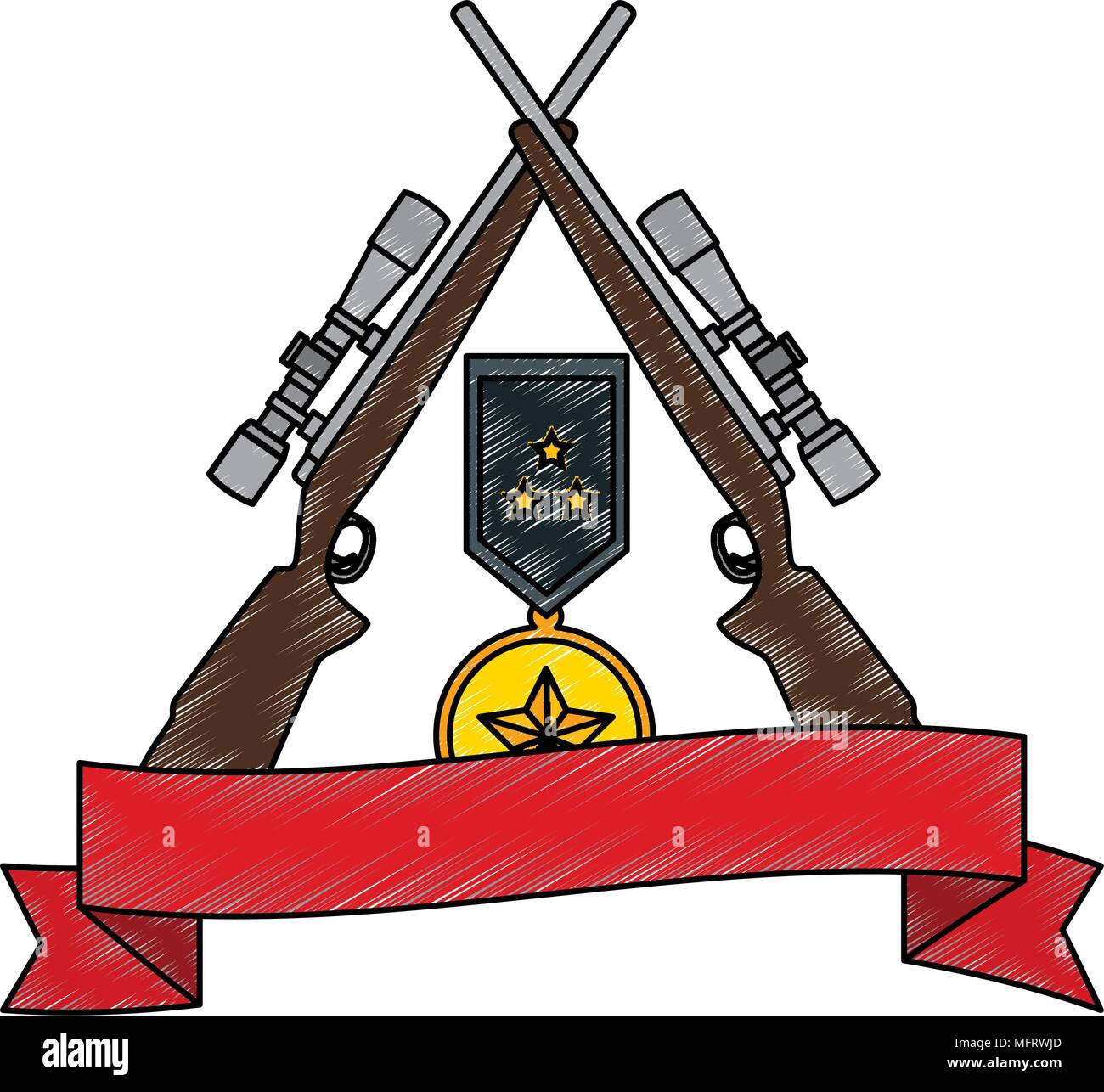 sniper rifles crossed with medal and ribbon vector illustration design ...