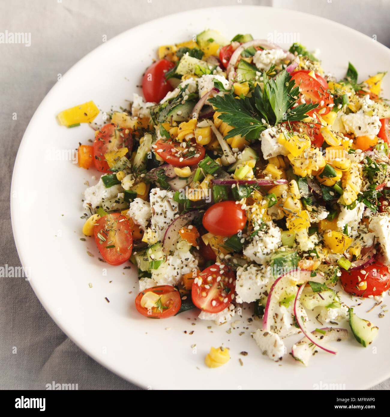 Colorful Vegetable Mix Simple Low Calories Salad Cherry Tomatoes Sweet Corn Cucumber Bell Pepper And Cottage Cheese Weight Loss Dish European C Stock Photo Alamy