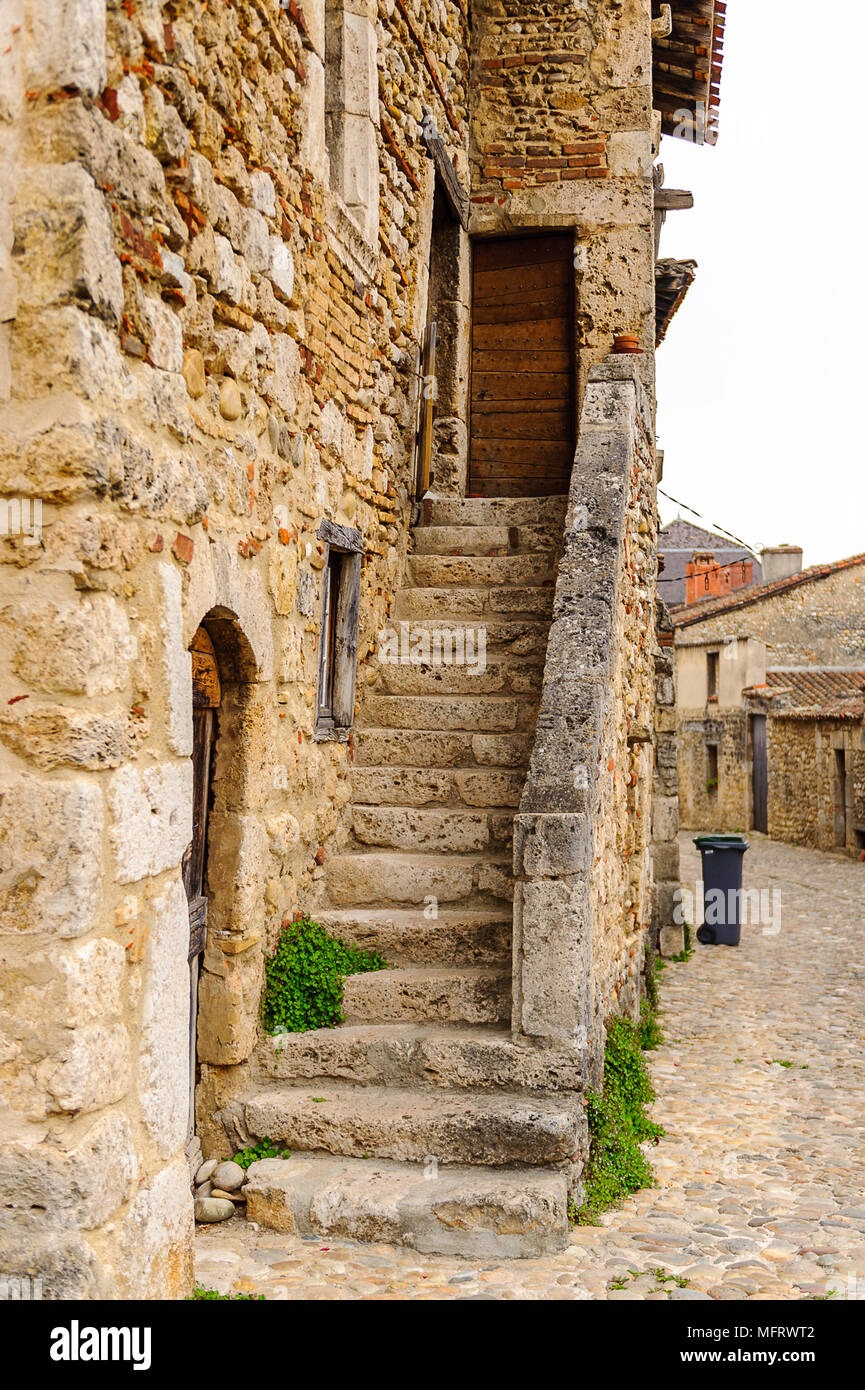 Old stone house in Perouges, France, a medieval walled town, a popular ...