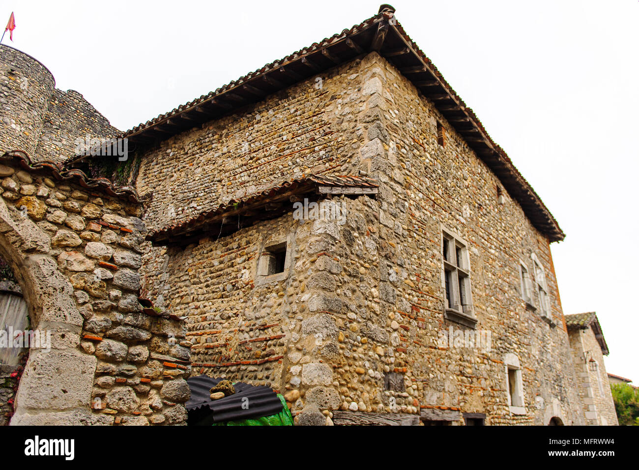 Old stone house in Perouges, France, a medieval walled town, a popular ...