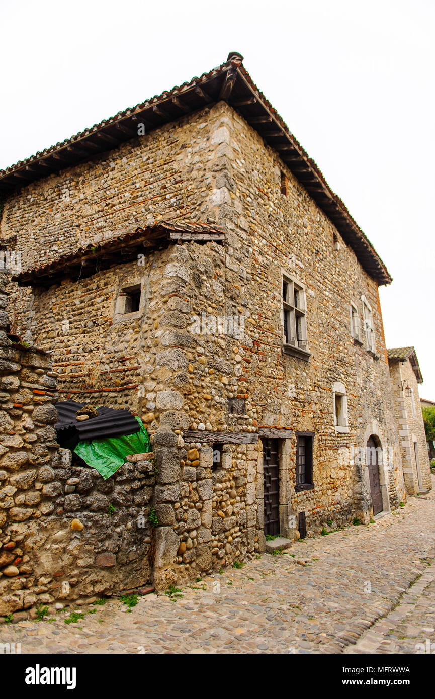 Old stone house in Perouges, France, a medieval walled town, a popular ...