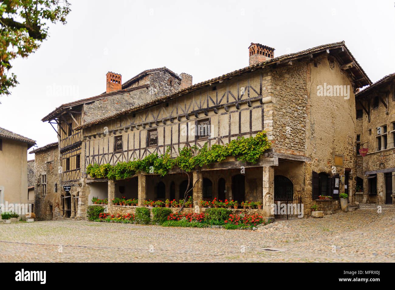Architecture of the main square Perouges, France, a medieval walled ...