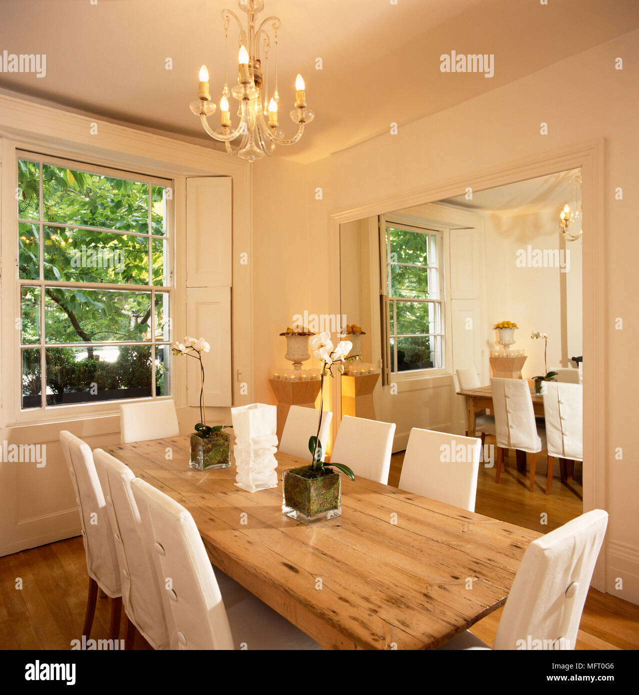 Simple Elegant Dining Room White Walls Long Pine Table