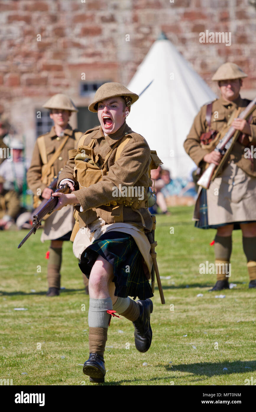 First World War re-enactor in the uniform of the Gordon Highlanders demonstrating bayonet drill. Stock Photo