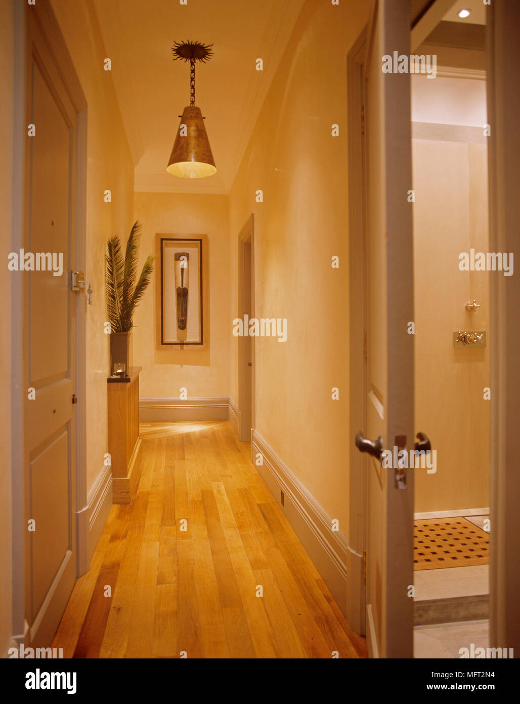 Narrow hallway with panelled doors Stock Photo