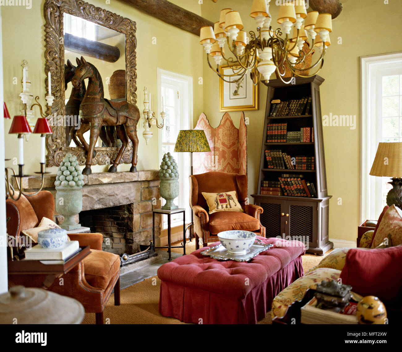 Traditional Yellow Sitting Room Stone Fireplace Upholstered
