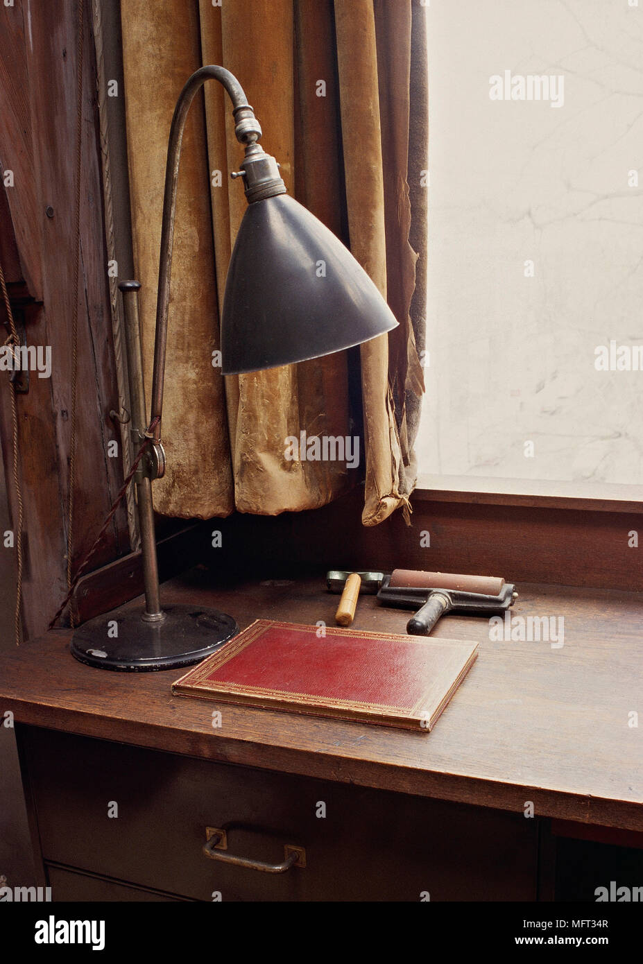 Old Fashioned Desk Lamp Worn Velvet Curtain Interiors Detail