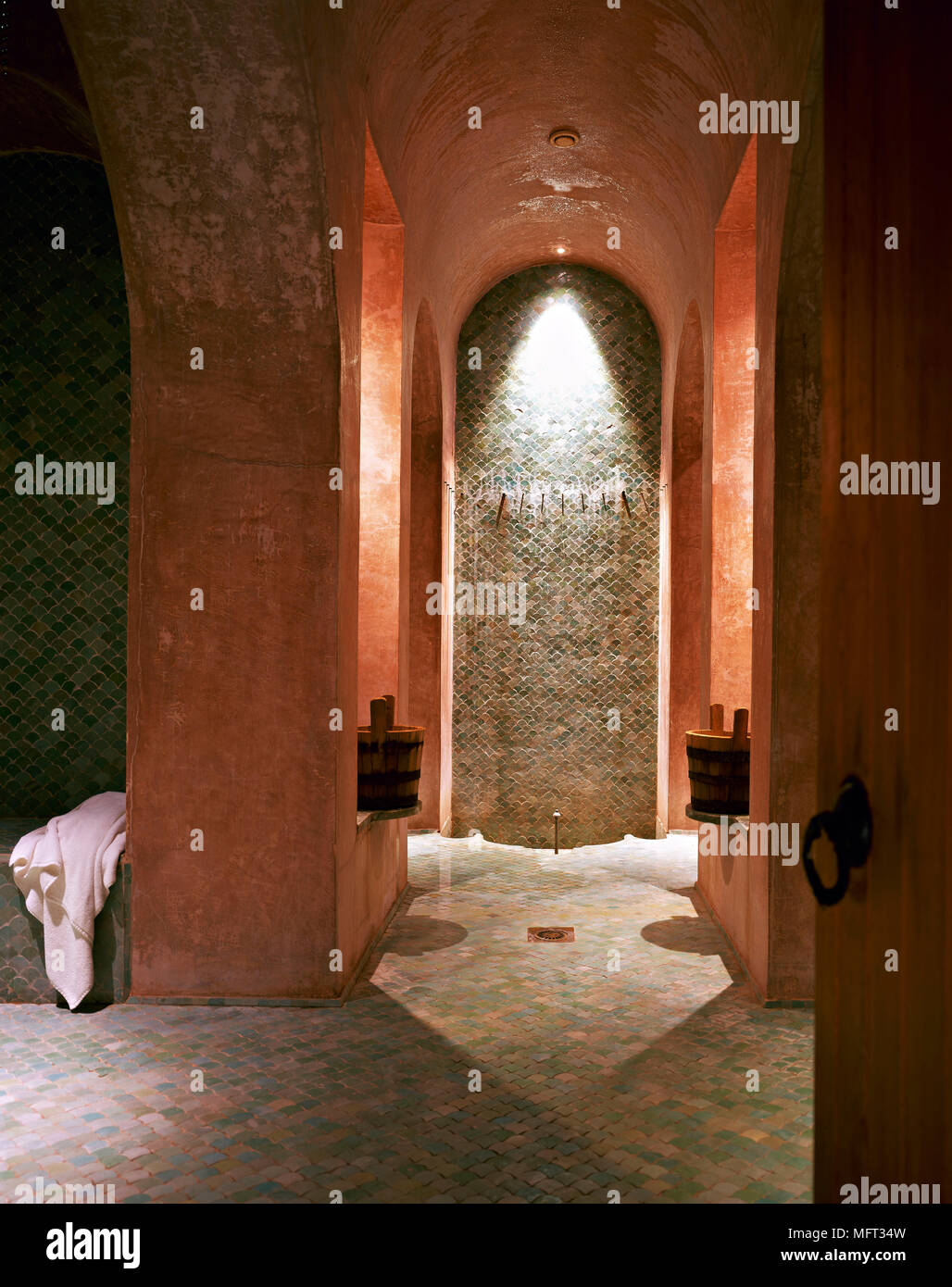Moroccan Terrracotta Shower Room Vaulted Ceiling Mosaic Tiling