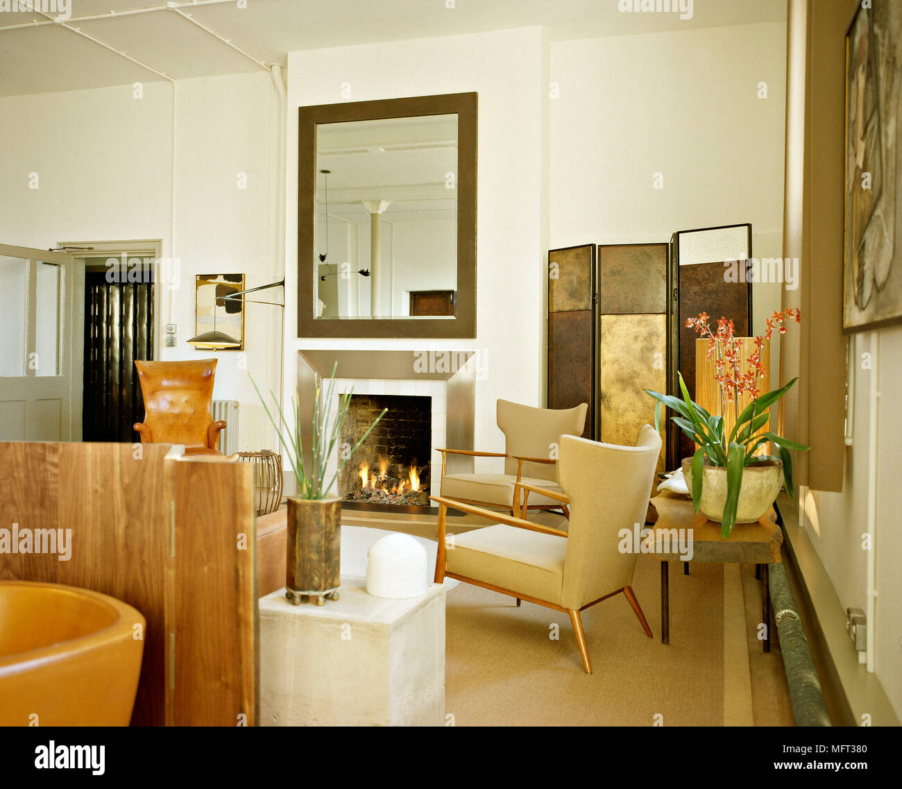Modern Sitting Room Fireplace Lit Fire Metal Surround Brown