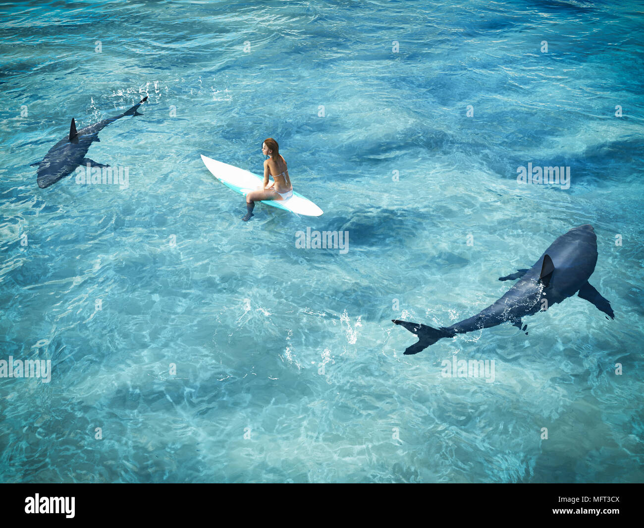 surfer surrounded from two sharks. drone view. 3d rendering Stock Photo