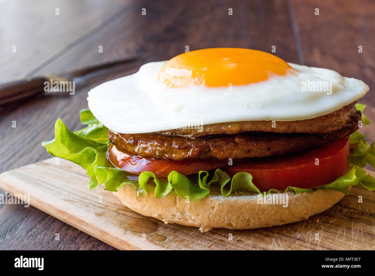 Homemade Double Hamburger with Egg, Lettuce and Tomatoes. FastFood