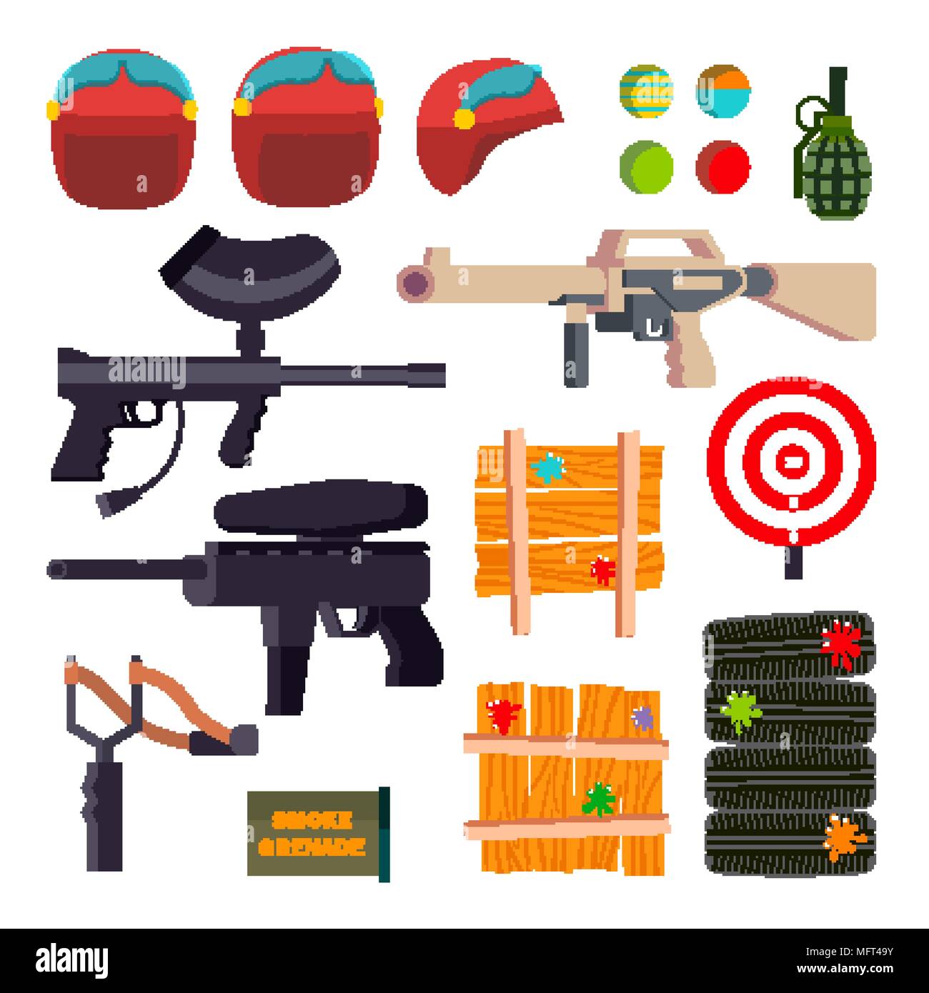 Paintball Icons Set Vector. Paintball Game Accessories. Weapon, Pistol