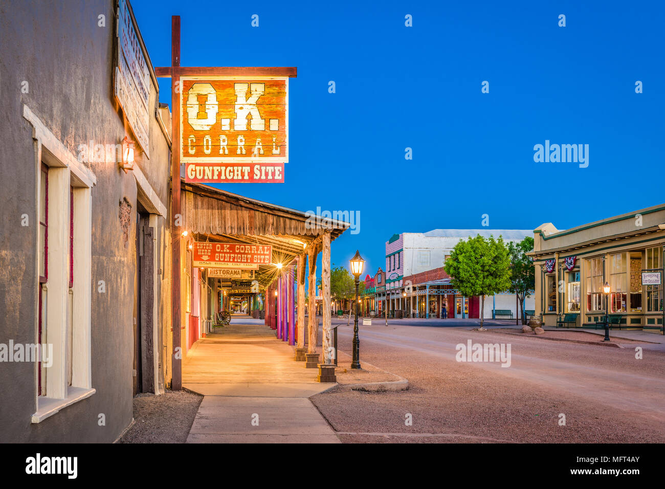 TOMBSTONE, ARIZONA - APRIL 17, 2018: The O.K. Corral Gunfight Site at twilight. The site is known for the most famous shootout in the history of the A Stock Photo