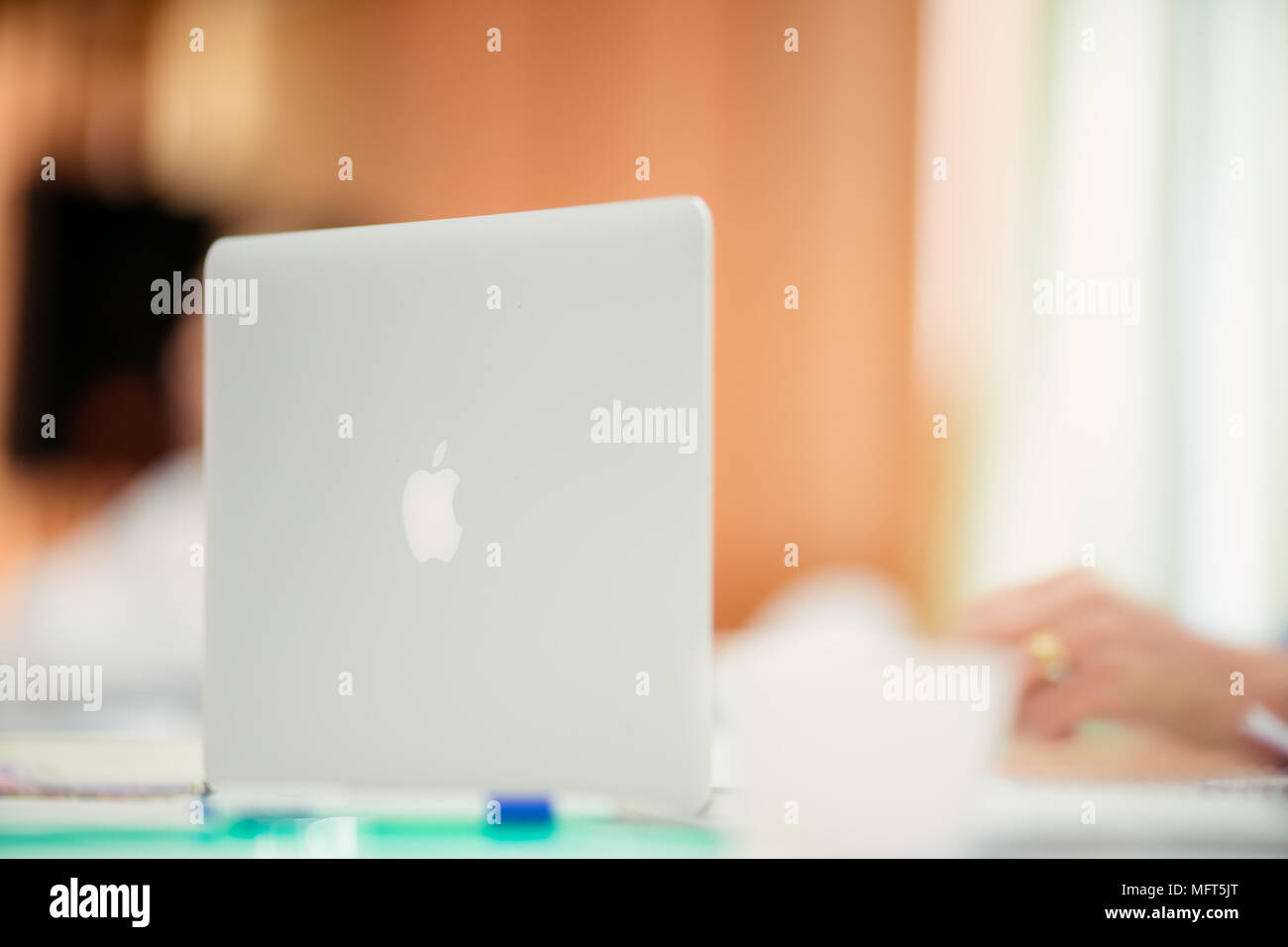 Bangkok, THAILAND - MARCH 17, 2017: Photo of a MacBook Pro. MacBook Pro Retina Display and Apple logo made by Apple Inc. Stock Photo