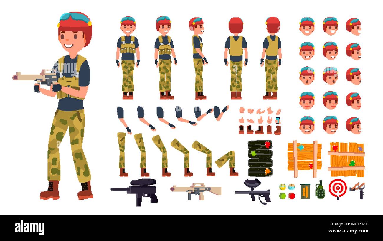 Paintball Player Male Vector. Animated Character Creation Set