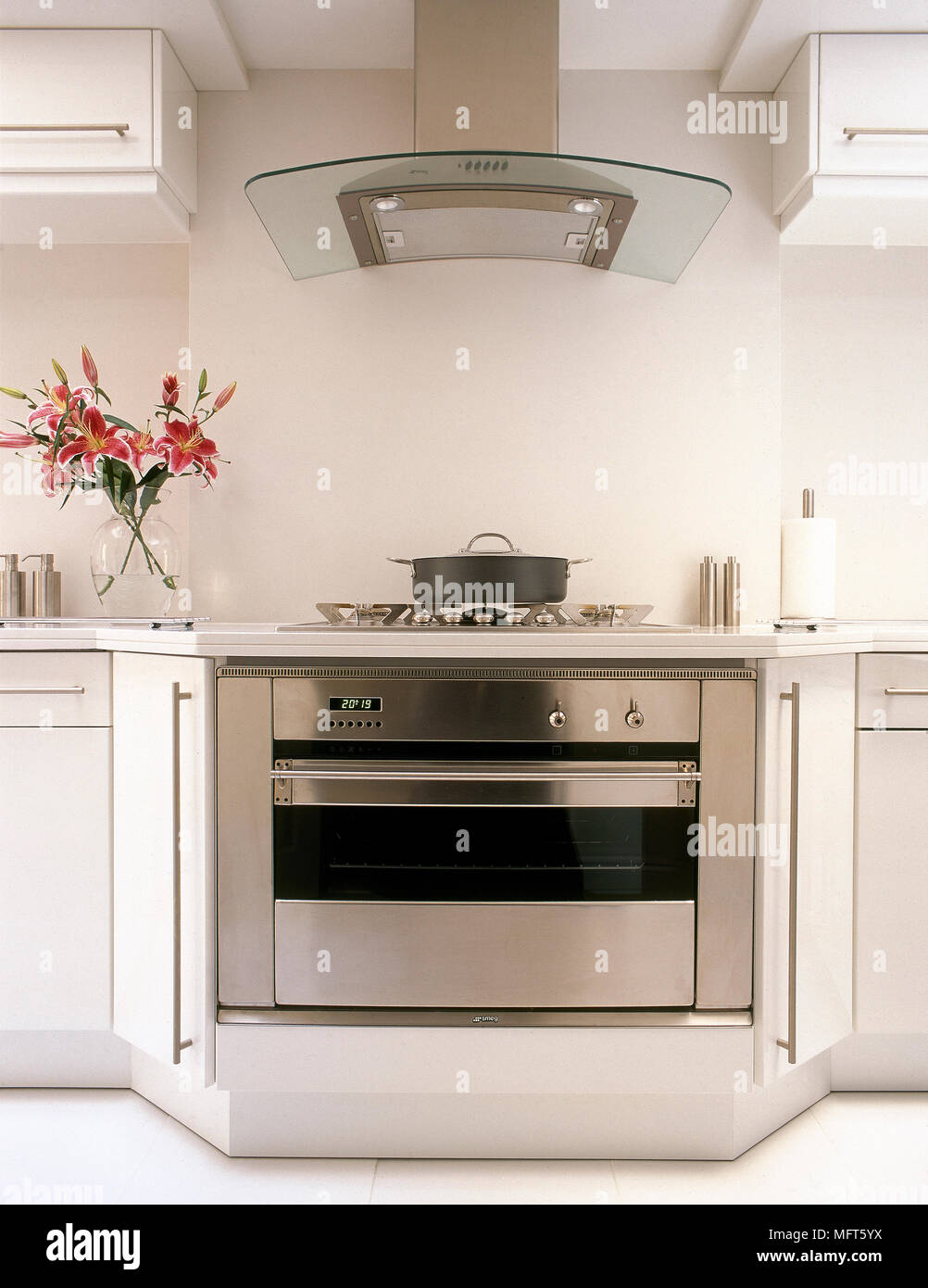 A detail of a modern, white kitchen, stainless steel cooker, extractor fan  Stock Photo - Alamy