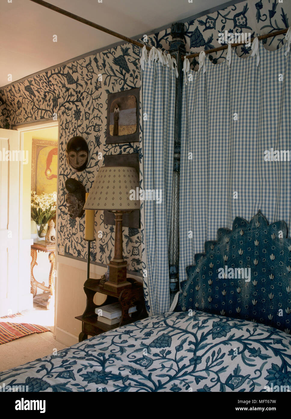 Blue Bedroom With Patterned Wallpaper Bedcover Four Poster