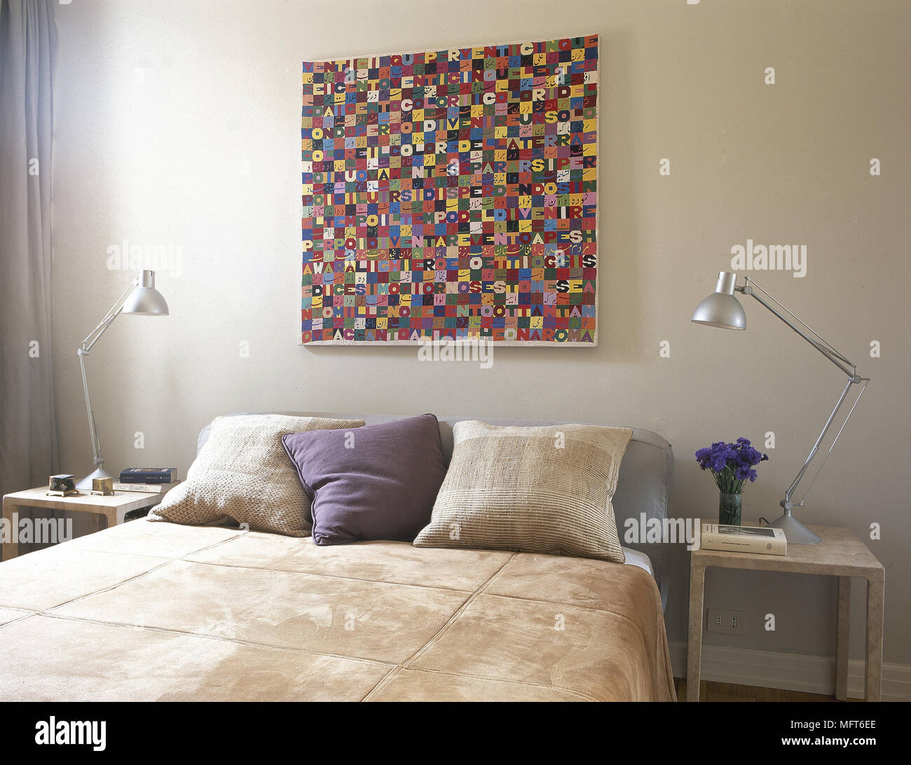 Lamps On Bedside Tables Either Side Of Double Bed Stock Photo Alamy