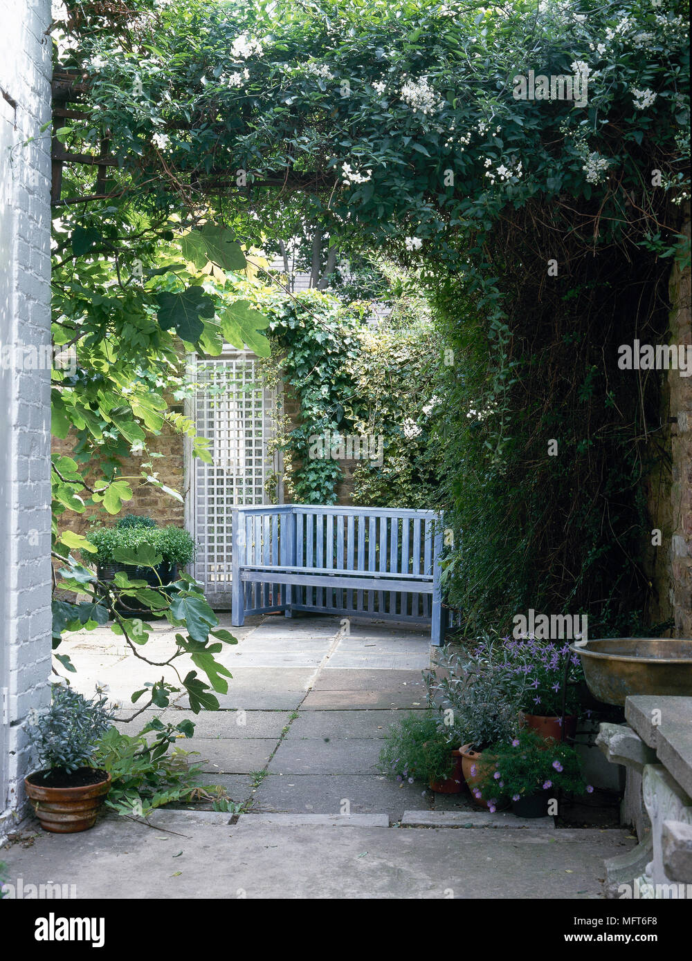 Back Garden Detail With Paved Terrace Painted Bench And Flowers