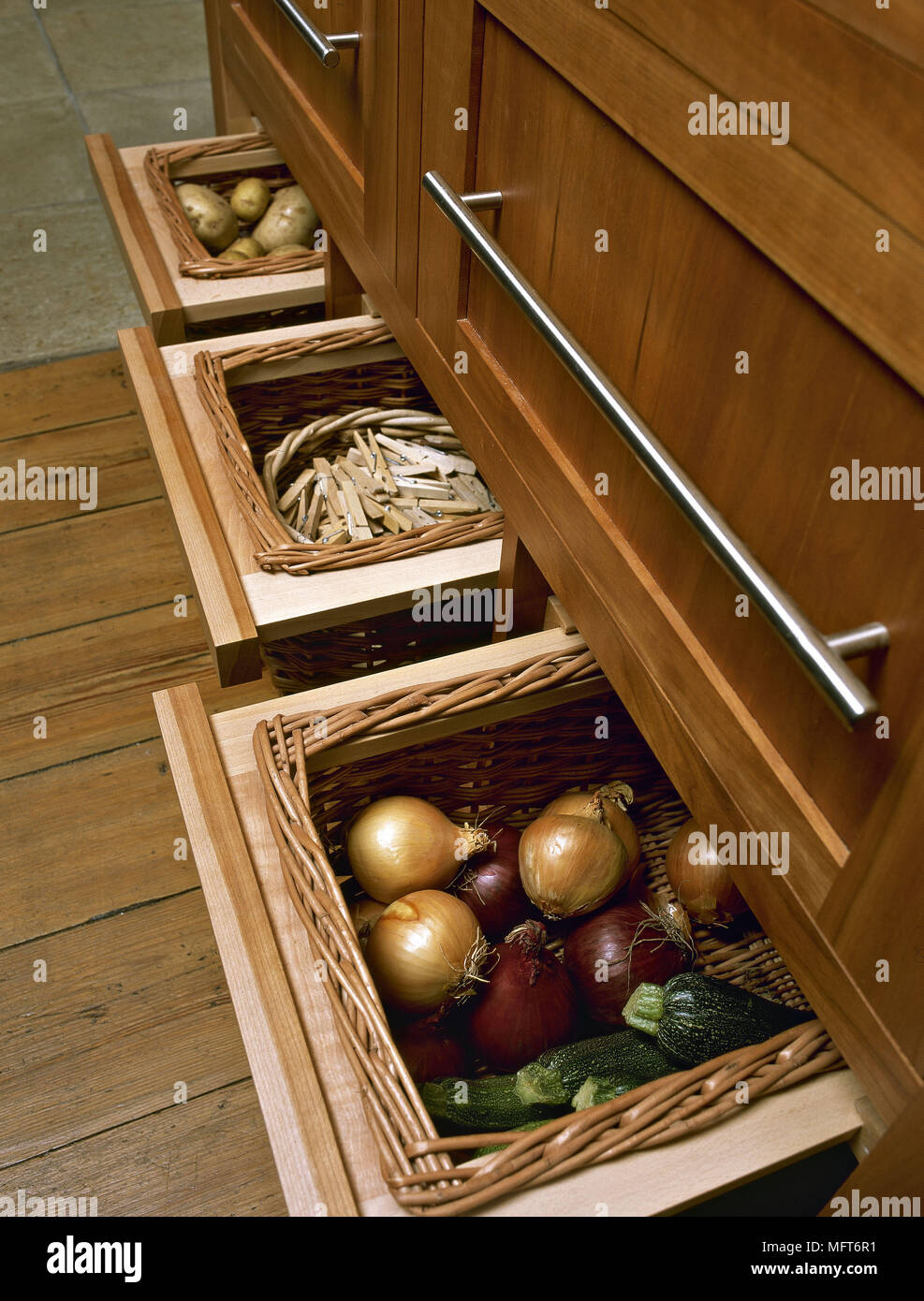 Open Drawers With Baskets Of Vegetables In Kitchen Unit Stock