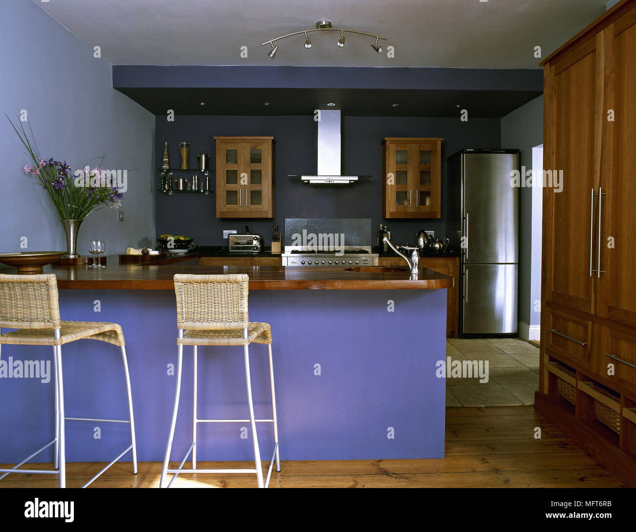 Modern Blue Kitchen Central Island Unit Breakfast Bar Woven Wicker