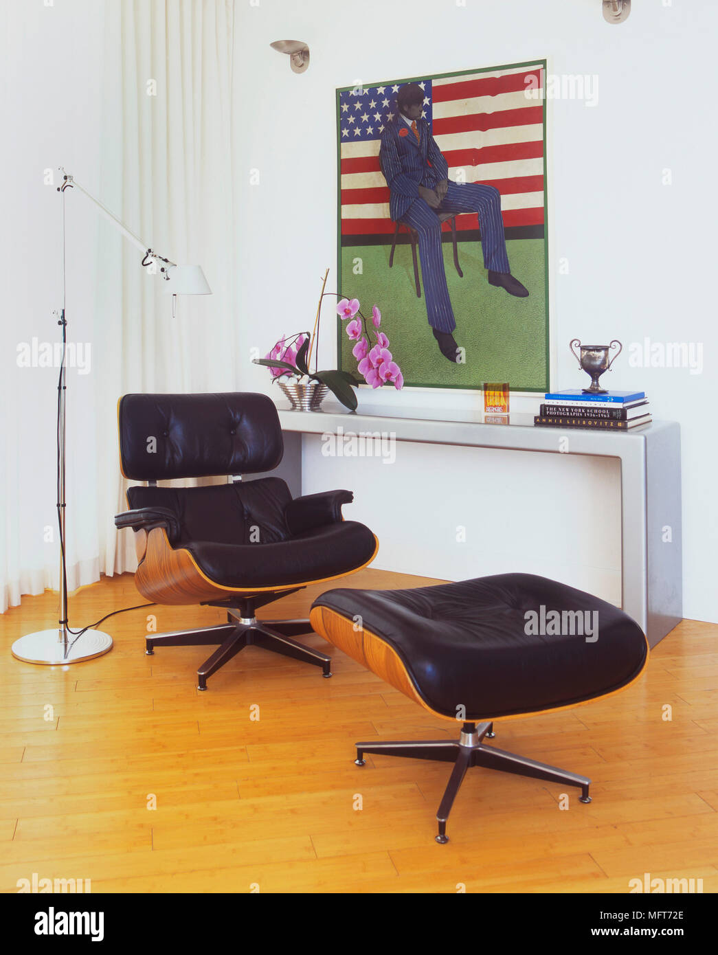 Leather armchair and footstool in room with wooden floor, Miami Beach
