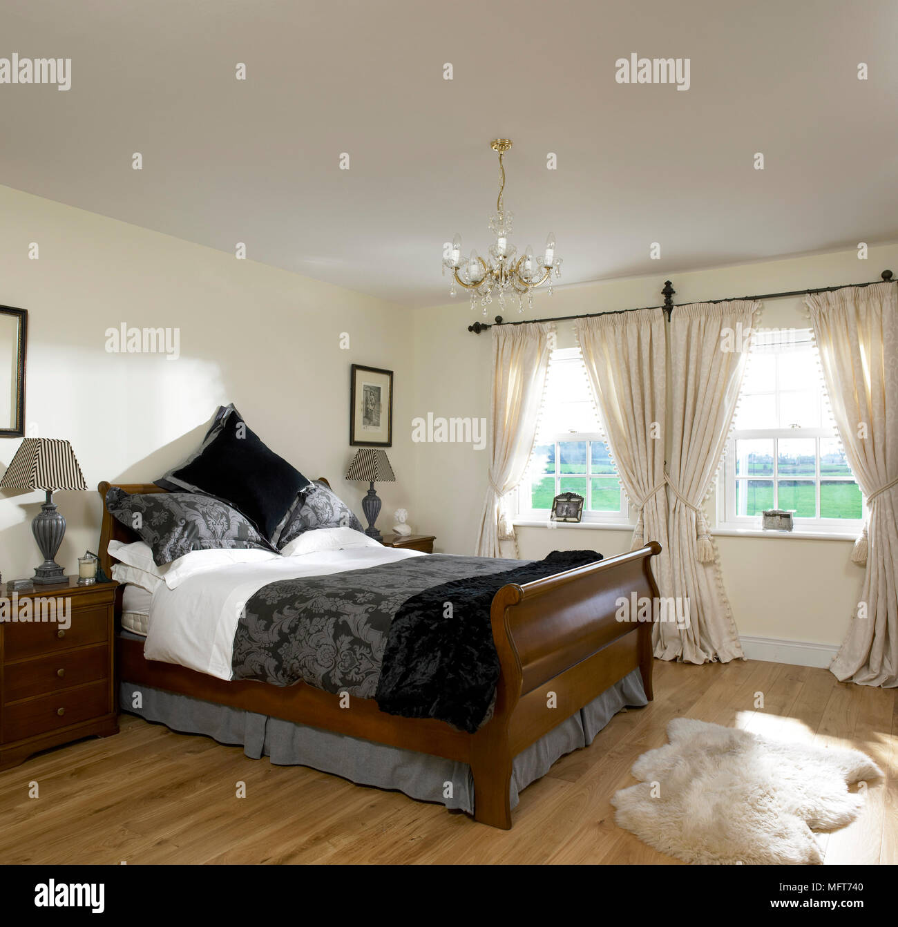 A Traditional Neutral Bedroom Wooden Double Sleigh Bed Sheep