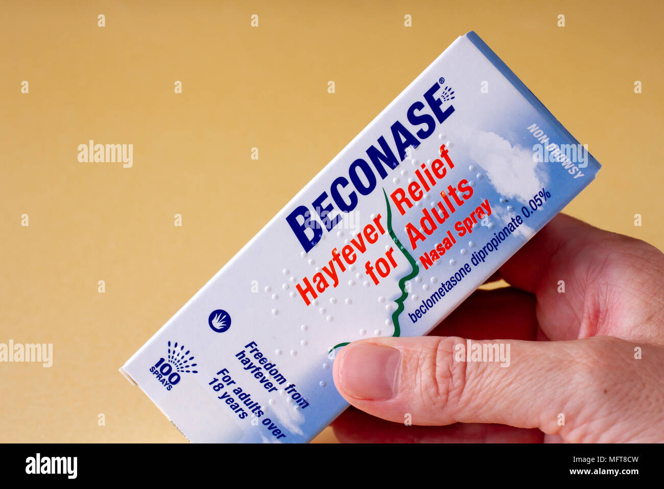 Female hand holding a box containing a Beconase nasal spray, hayfever allergy relief, United Kingdom Stock Photo