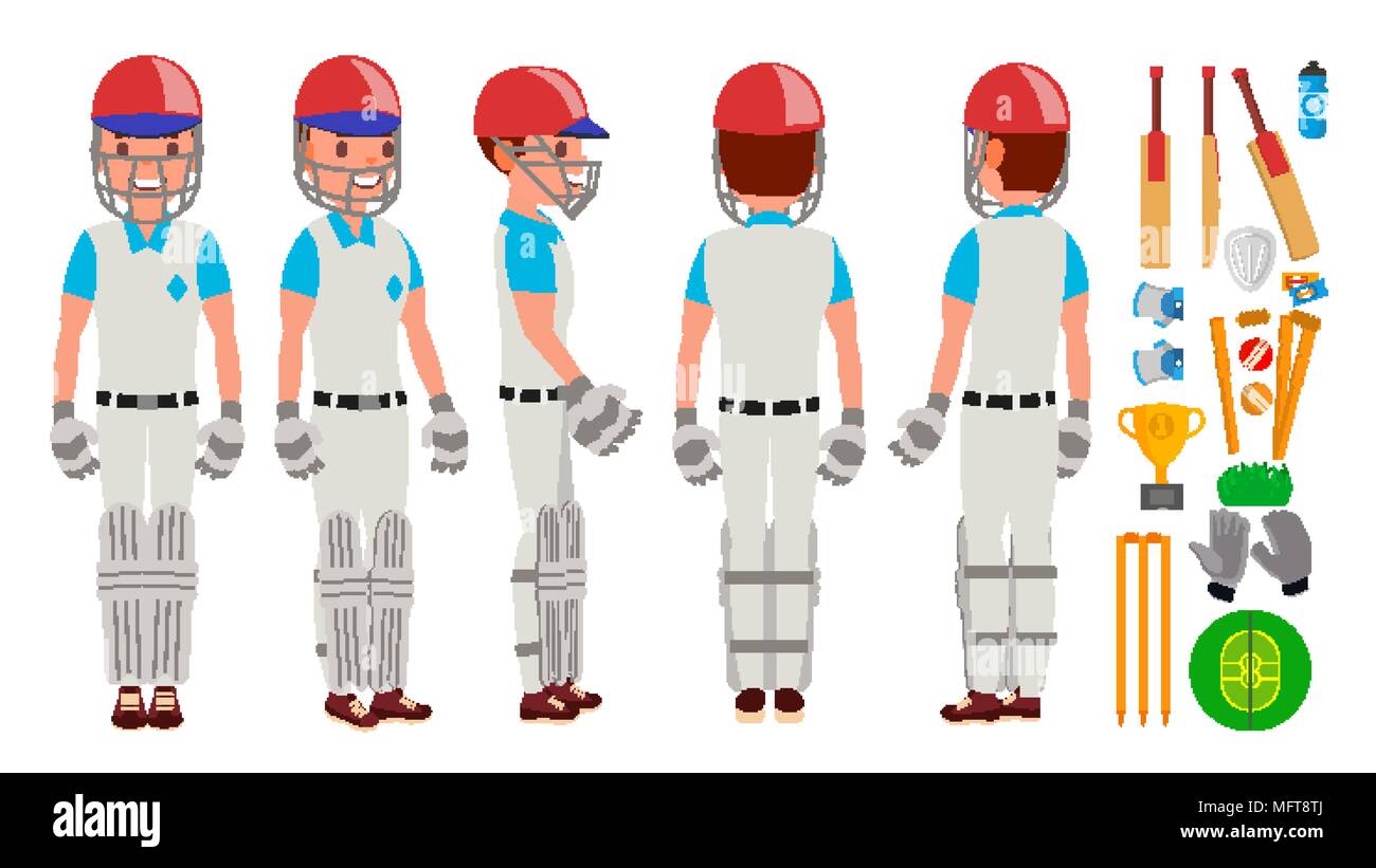 Professional Cricket Player Vector. Equipped Players. Pads, Bats, Helmet. Isolated On White Cartoon Character Illustration Stock Vector