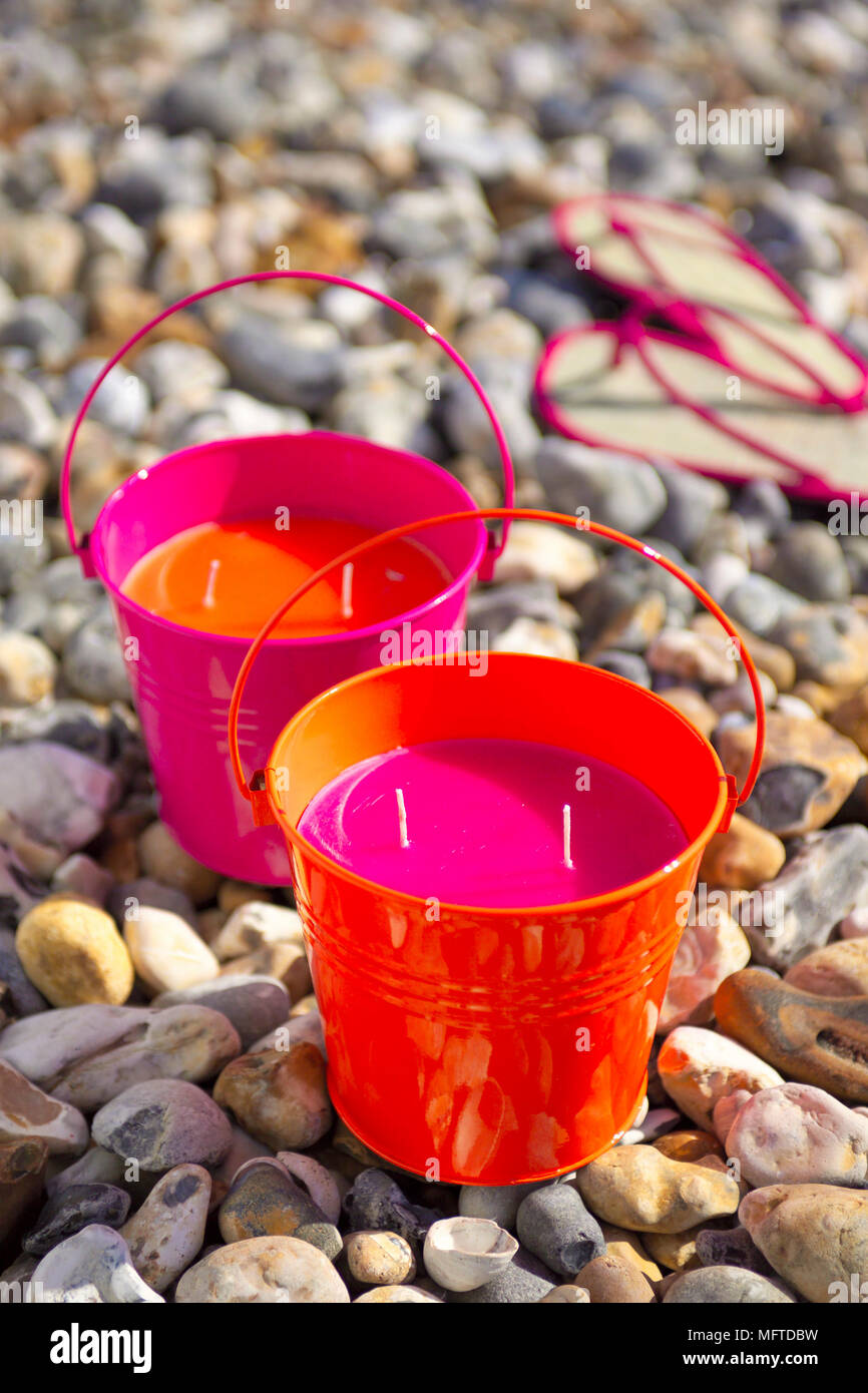 Plastic buckets on beach Stock Photo Alamy