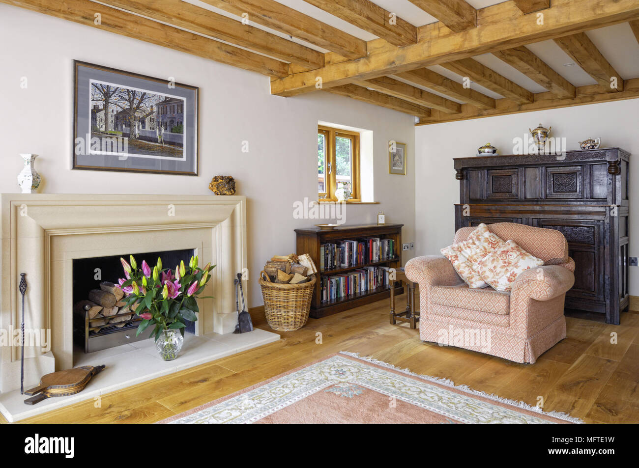 Upholstered Armchair Next To Fireplace In Country Style