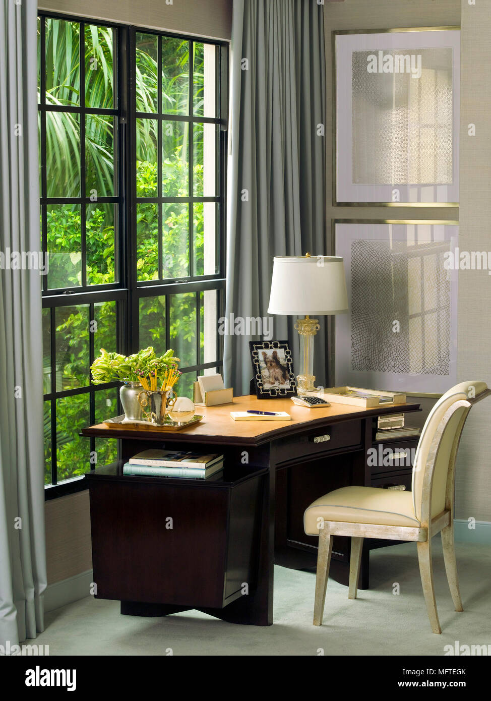 Upholstered Chair At Desk In Front Of Window Corner Room