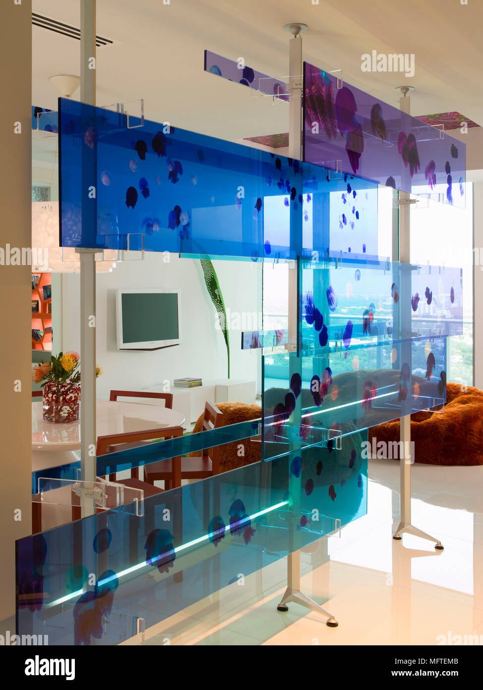 Blue perspex screen divides modern sitting room with wall mounted