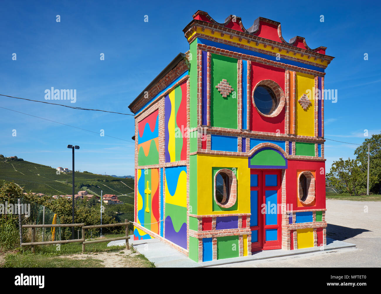 Cappella del Barolo, little colorful church by Sol Lewitt in a sunny summer day in Piedmont. Italy Stock Photo