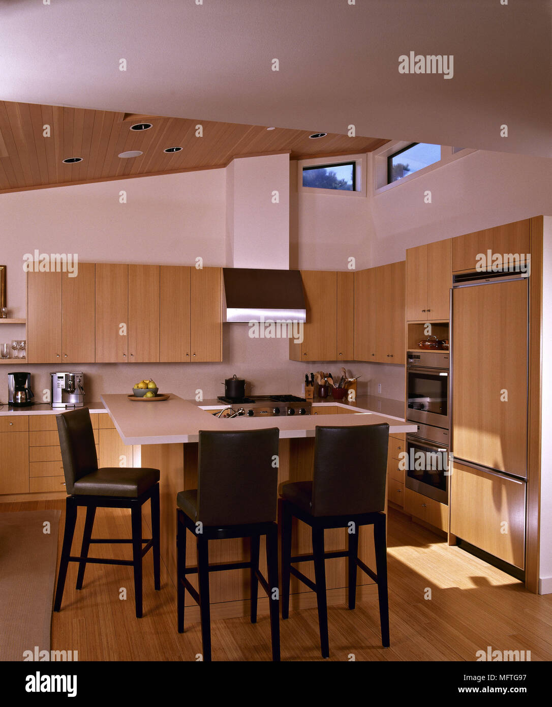 Modern kitchen wood units central island breakfast bar stools interiors