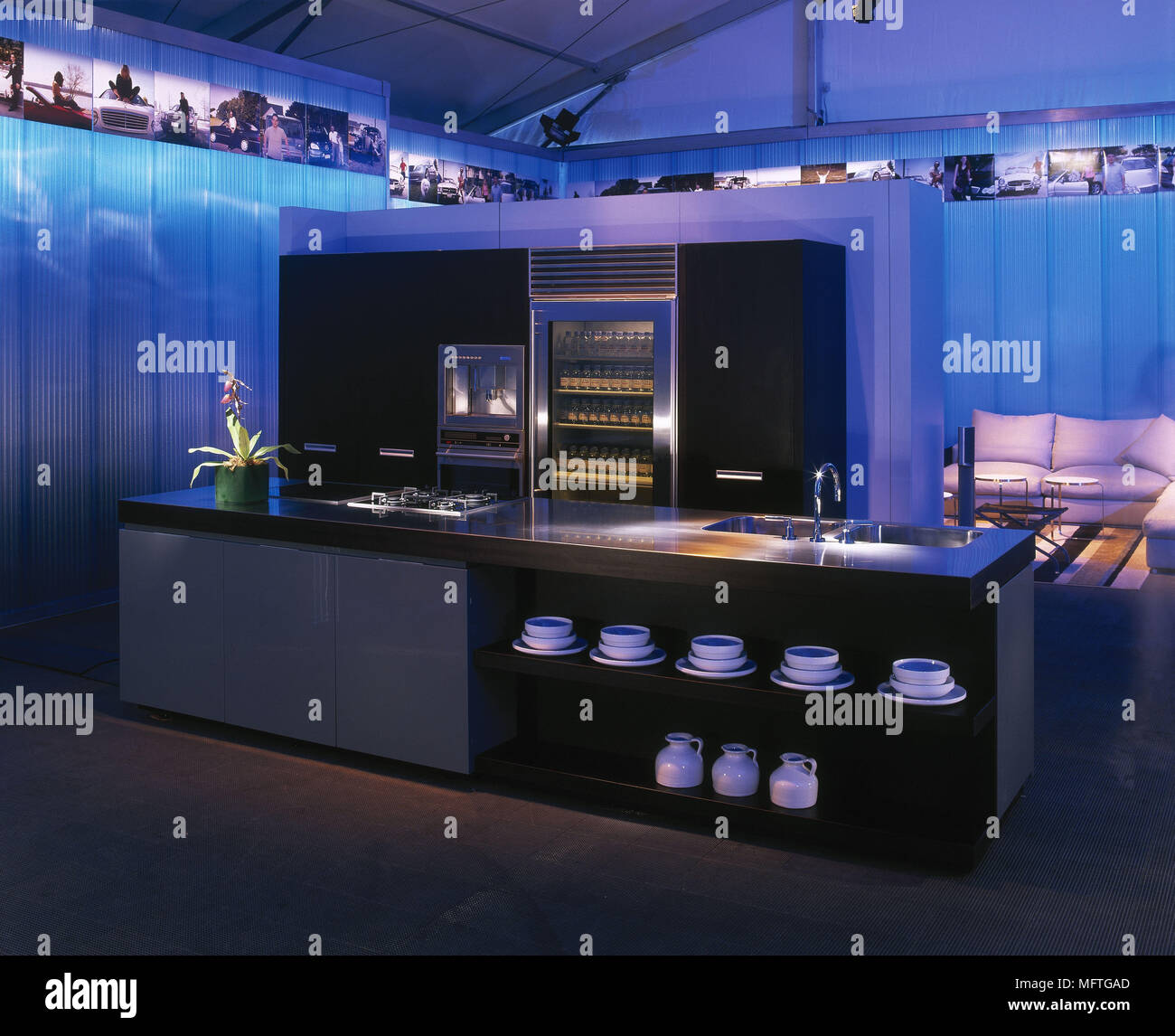 Modern open plan blue kitchen central island breakfast bar interiors